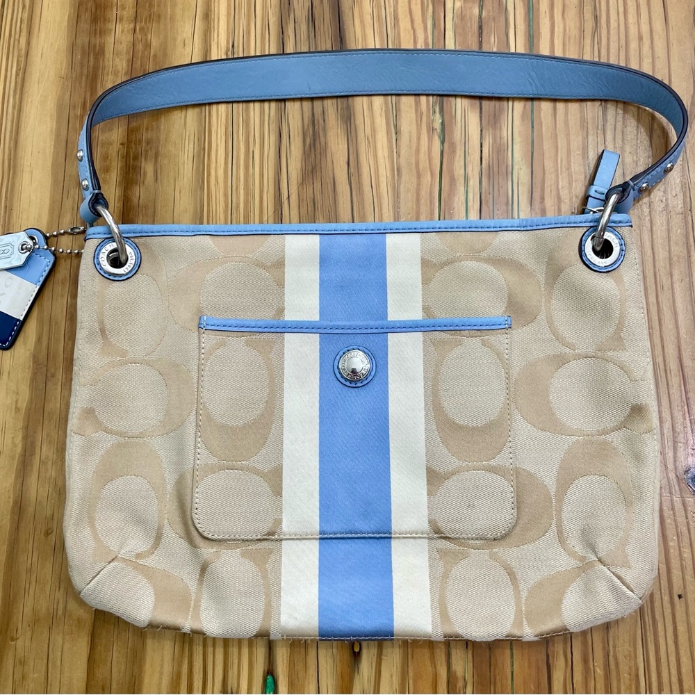 Coach Signature Hamptons Weekend Khaki Blue Signature Stripe Tote Purse